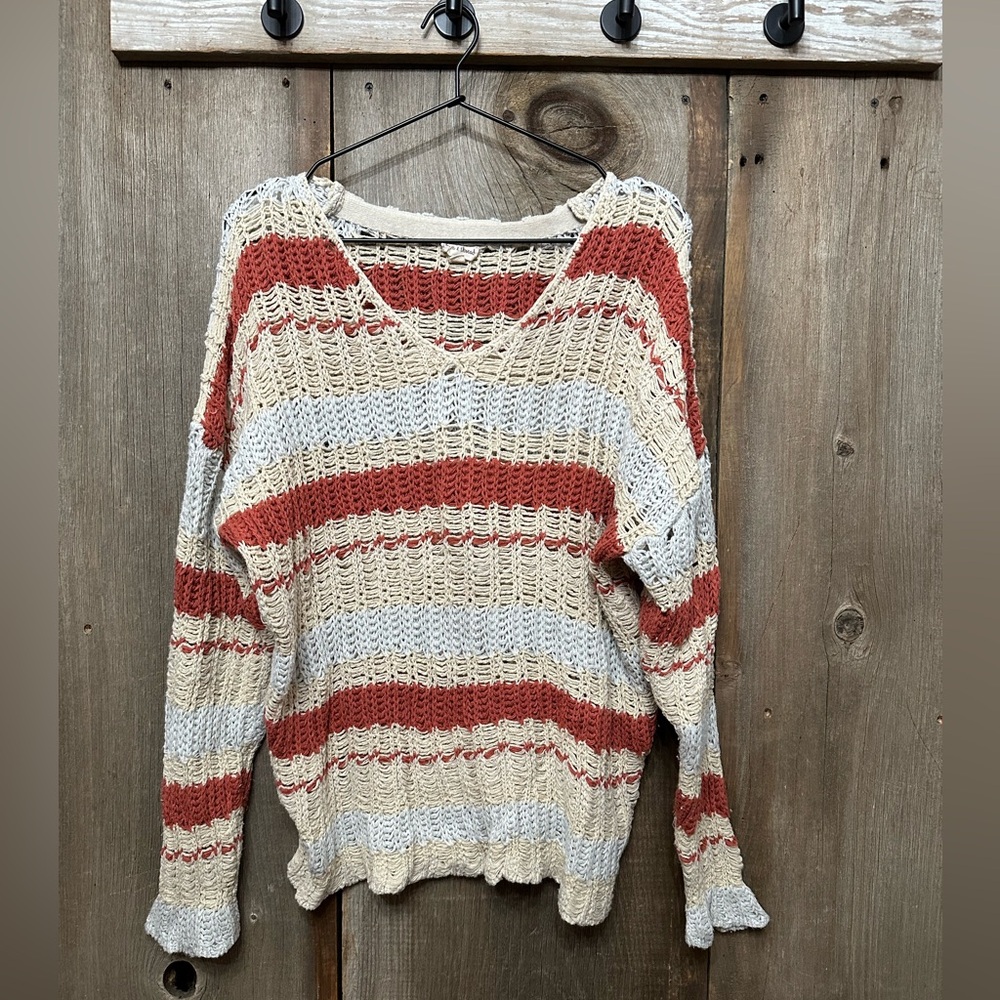 Hem & Thread Open Weave Stripe Sweater in Rust & Cream Size Large